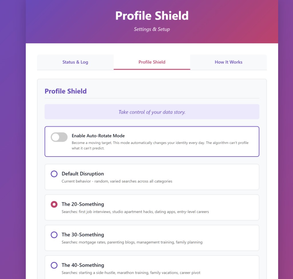Profile Shield persona and auto-rotate settings