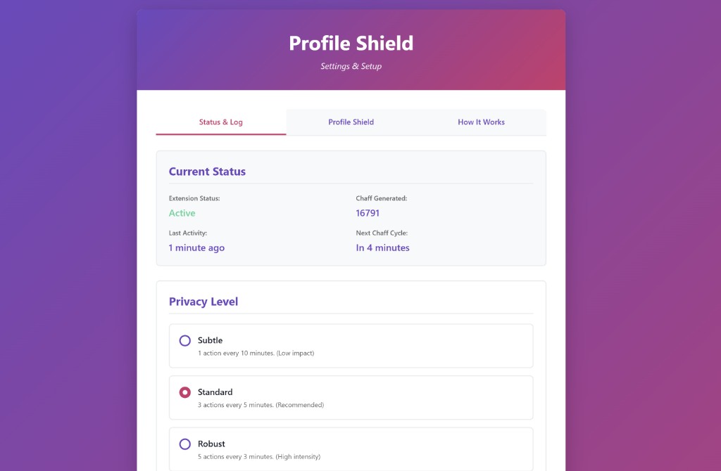 Profile Shield extension — status and privacy settings
